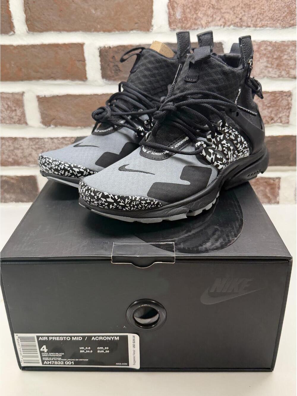 Nike x Acronym Air Presto Mid Size 4Y Cool Gray/Black NIB